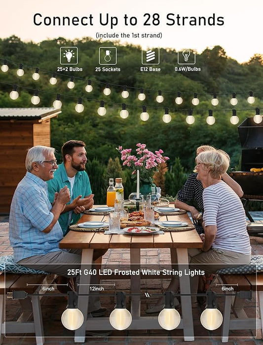 G40 25FT LED Outdoor String Lights,Frosted Patio Lights with 27 (2 Spare) Plastic Shatterproof Globe Bulbs,Connectable Outside Hanging Lights for Porch,Garden, Backyard,Wedding Decor