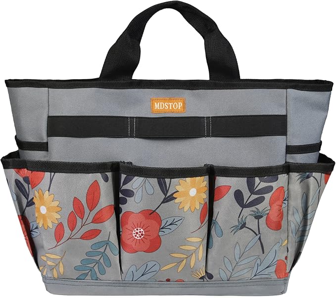 MDSTOP Garden Tool Bag, Garden Tool Kit Holder Home Organizer Storage Carrier, Oxford Garden Hand Tool Storage Tote Organizer with Handle and 8 Roomy Pockets, Floral Gardening Gift, Tools Not Included