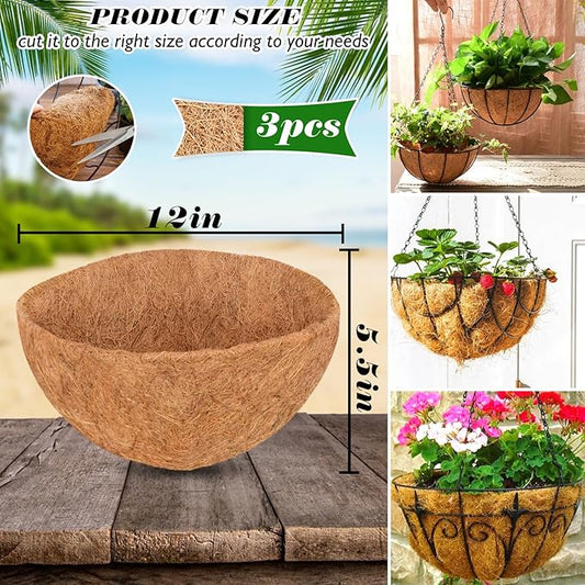 ZeeDix 3Pcs 12 Inch Coconut Liners for Planters, Round Hanging Basket Liners 100% Natural Coco Coir Basket Coco Replacement Liners for Hanging Basket Planters Flowers Vegetables(12in-3pcs)