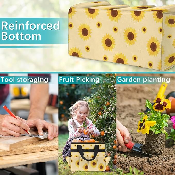 Sunflower Gardening Tool Bag,Heavy Duty Garden Tote Bag,Portable Oxford Gardening Storage Basket Organizer Handbag with Pockets Handle,Hand Tools Gifts for Outdoor Garden Lawn Yard
