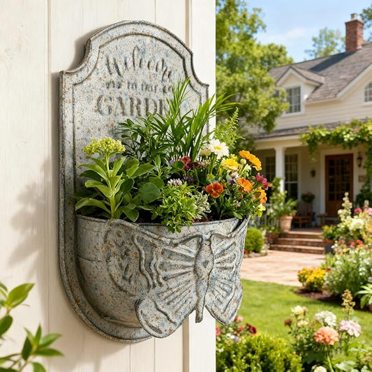 Rustic Metal Wall Planter with Butterfly Design, Welcome to Our Garden Hanging Flower Pot for Outdoor Indoor Decor, Vintage Galvanized Plant Holder for Patio, Porch, Garden