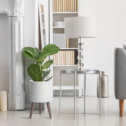 D'vine Dev 10 Inch Modern Geometric Tile Patterned Sleek Planter Pot with Stand, Indoor Outdoor Decorative Plant Holder, Matte White, 88-Z-B-1