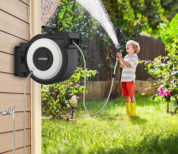 Tuyeho Retractable Garden Hose Reel 90 FT, Wall Mount Heavy Duty Water Hose Reels with Automatic Slow Rewind System, Outdoor Hoses Reel with 2 Hose Nozzles for Garden Watering, Car Wash, Pet Shower