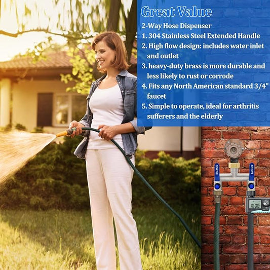 Brass Garden Hose Splitter 2-Way Heavy Duty - 3/4" GHT Threads with 2×304 Stainless Steel Handles, High Flow Design for Efficient Water Distribution