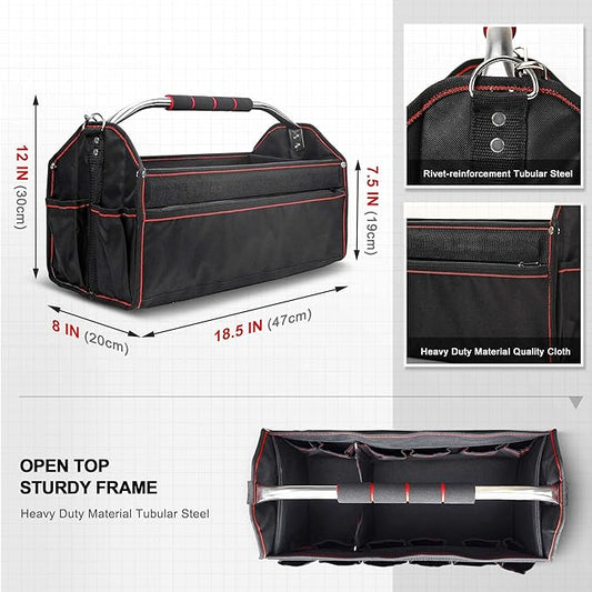 HAUTMEC 18 Inch Tool Bag, Foldable Open Top Tool Tote with 27 Pockets and Removable Partition, Heavy-Duty Electrician Tool Bag with Adjustable Shoulder Strap & Water-Resistant Molded Base – HT0020