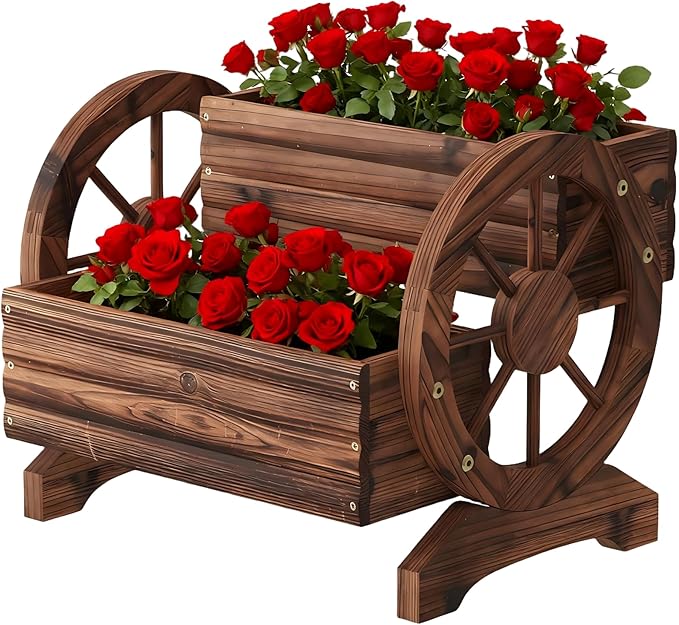 Wooden Flower Cart with Wheels Wooden Wagon Planter Outdoor Garden Planter, Decor Planter for Patio Balcony Decoration Succulent Flower Pot Flower Cart for Indoor Backyard Balcon Décor