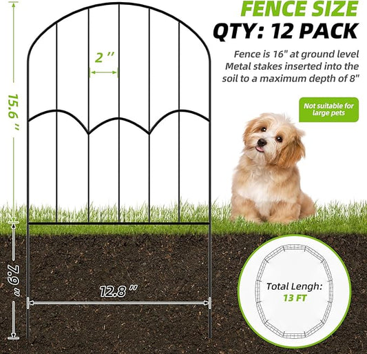 12 Panels Decorative Garden Fence Dog Fence Outdoor for Yard 13ft (L) X 2ft (H) Black Animal Barrier with No-Dig Stakes Arched Rustproof Metal Wire Decorative for Flower Landscaping and Garden Edging