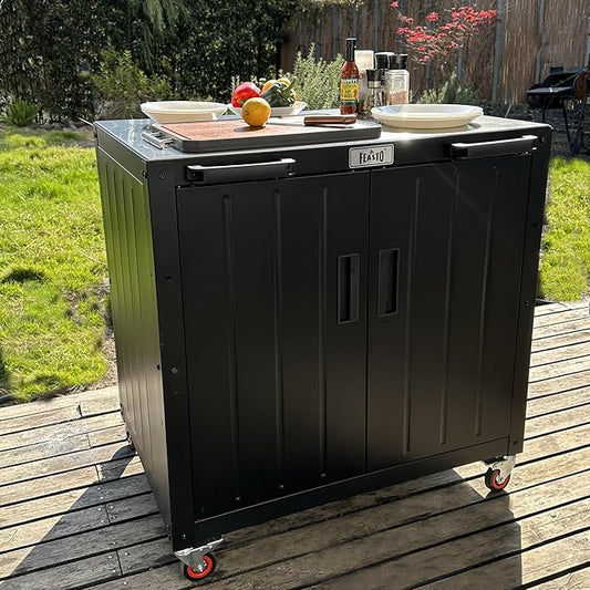 Grill Table, Outdoor Bar Cart Grill Cart with Storage Cabinet, Modular Outdoor Kitchen Island, Outdoor Grill Station with 304 Stainless Steel Top for Lawn & Garden, L35.4 x W24