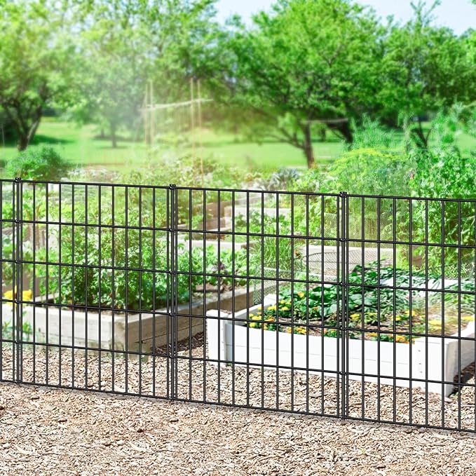 Metal Garden Fence 33.3in (H) x 23.3ft (L), 10 Panels + 11 Stakes Dog Fence Border Fence Animal Barrier, No Dig Garden Fencing for Yard Flower Bed Lawn Patio Outdoor, PIN332810 Black