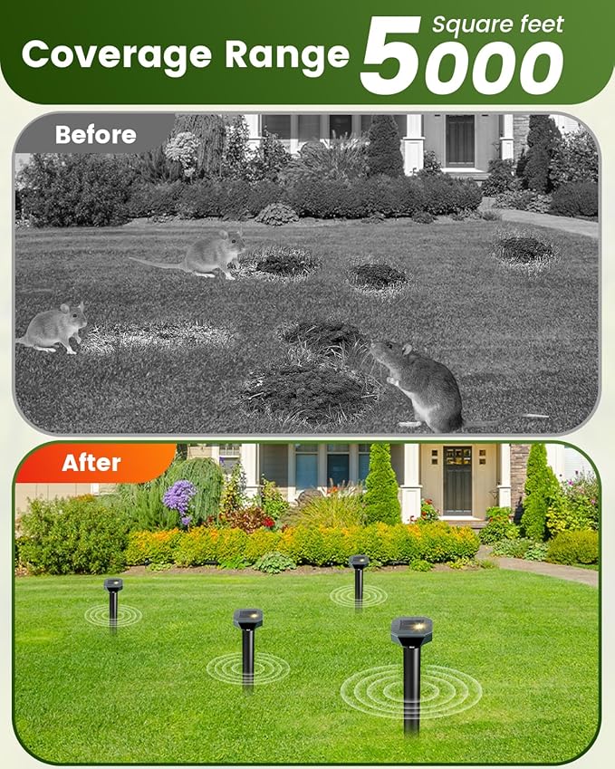 Snake & Mole & Rabbit & Skunk Repellent Solar Powered, Upgraded Ultrasonic Deterrent, IP65 Waterproof, Gopher Groundhog Chipmunk Raccoon and Vole Repellent & Deterrent for Lawn & Garden, 10 Pack