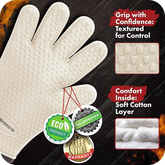 KITCHEN PERFECTION Silicone Smoker Oven Gloves For Women -Extreme Heat Resistant BBQ Gloves -Handle Hot Food Right on Your Smoker Grill Fryer|Waterproof Oven Mitts Grill Gloves |Superior Set+3 Bonuses
