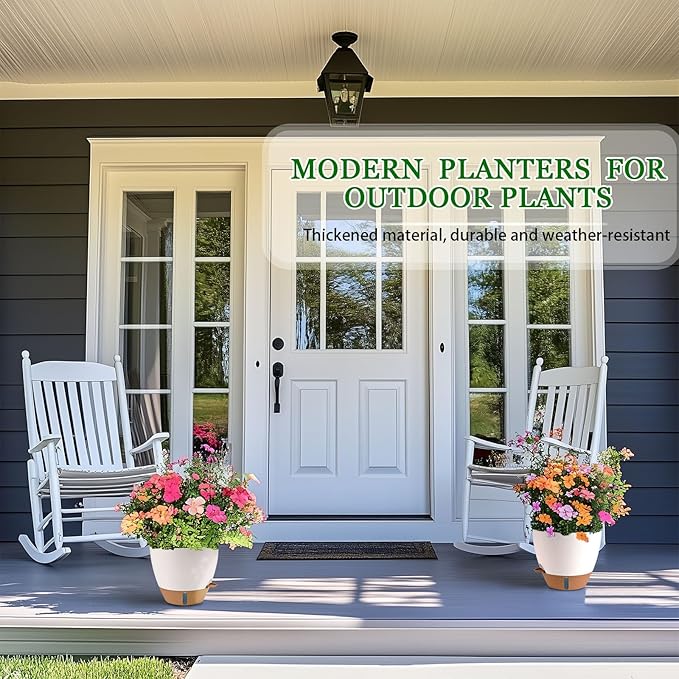 8/10/12 Inch Self Watering Pots for Indoor/Outdoor Plants - Large Plastic Planter with Drainage Holes, Water Level Indicator & Deep Reservoir, Modern Decorative Flower Pots (White)