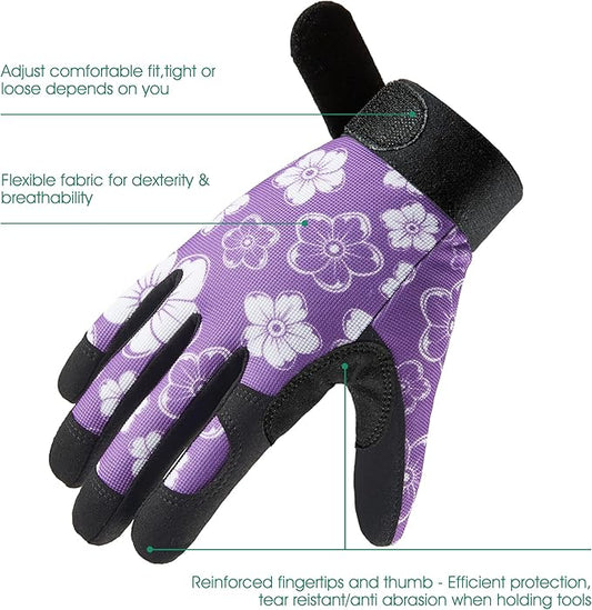 COOLJOB Medium Gardening Work Gloves for Women Ladies, Thorn Proof for Rose Pruning, Cactus Handling, Blackberry Bush Planting, Puncture Resistant Anti-Slip Flexible, 1 Pair M Floral Purple