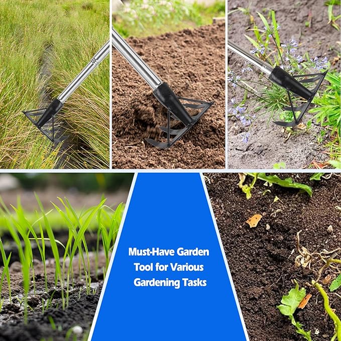 Small Garden Rake Tool, Hand Tiller Cultivator, Weed Remover Rakes Narrow for Flower Beds, Leaves Leaf Grass Cleaning for Precise Gardening, Mulch Spreading, Tilling Soil Weeding - Long Handle