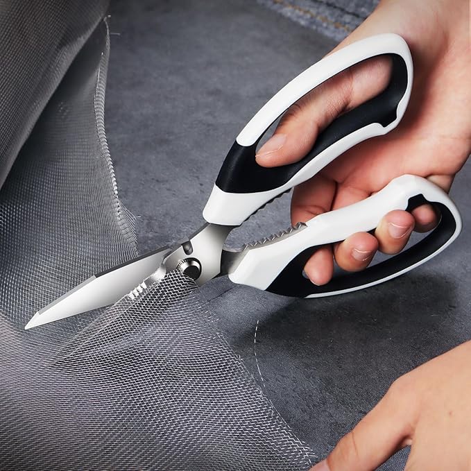 8-Inch Utility Scissors All Purpose Heavy Duty, Serrated Blade, White Comfort Grip for Cutting Carpet, Cardboard, Leather, Fabric, Multipurpose Sharp Shears for Kitchen, Garden, Office, Carft
