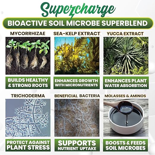 Mycorrhizal Fungi with Beneficial Bacteria, Trichoderma, Sea Kelp, Molasses, Yucca, Smart Grower Supercharge Plant Root Enhancer 8oz Super Concentrate Powder Makes 100 Gallons