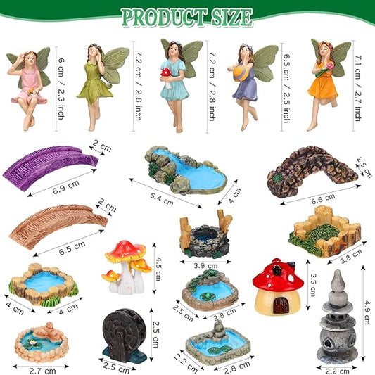 Unittype 19 Pcs Flower Fairy Accessories for Garden Outdoor Fairy Figurines Miniature Bridge Mushroom Lighthouse Water Well Pond Resin Garden Decorations Miniature Figurines for Craft