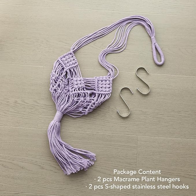 Hanging Planter with Patterns,2Packs Macrame Plant Hangers Indoor Macrame for up to 8 inch Pot Crochet Boho Plant Hanger Holder for Indoor Outdoor with 2S Shaped Stainless Steel Hooks (Purple)