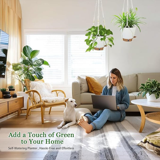 Hanging Planter for Indoor Plants 8 Inch, 2 Pack Hanging Baskets for Plants, Self Watering Hanging Flower Pots with Drainage Hole & 2 Kinds of Plant Hangers for Garden Home Decor (White, 8 inch)