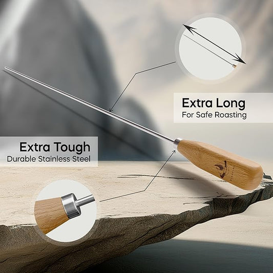 Marshmallow Sticks for Fire Pit - 34" Extra Long Roasting Smores Stick - Campfire Metal Skewers Roast Hot Dog Corn BBQ Utensil Holder Kit Outdoor Camping Accessories with Wooden Handle (10-Pack)