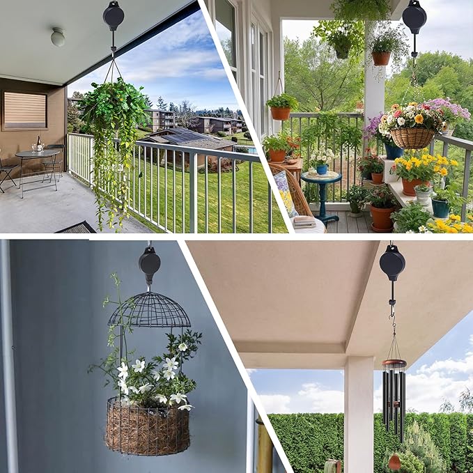 Retractable Plant Hanger with Pulley System, Effortless Raising and Lowering for Indoor and Outdoor Plants, Hanging Planters, Garden Pots & Bird Feeders (4-Pack,Black)