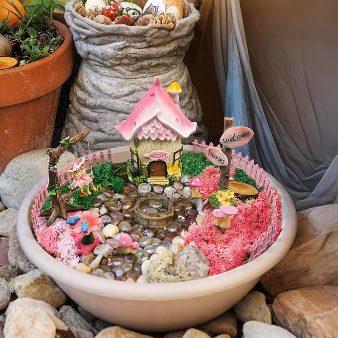 DONABELA Fairy Garden Decor Kit Pink Resin Miniature House Figurines Set Swing Directional Sign Bird Drinking Pool Fence Little Mushroom Outdoor Tiny Accessories Supplies