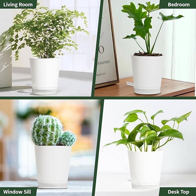 4 Inch 10 Pack Small Self Watering Pots for Indoor Plants, Nursery Pot with Drainage Holes and Saucers, Plastic Small Flower Planter for Succulent, Aloe, Cacti and More (White)