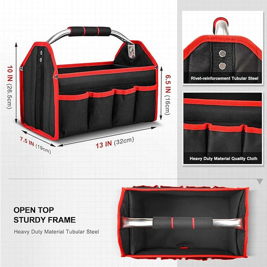 HAUTMEC 13 Inch Tool Bag, Foldable Open Top Tool Tote with Stiff Frame, 8 Pockets, Water-Resistant Molded Base & Padded Handle, Portable Electrician Tool Organizer for DIY & Jobsite Use – TB0001