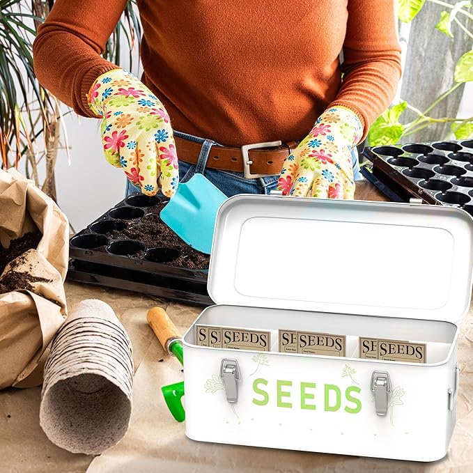 Orionstar Seed Storage Organizer, Metal Seed Saving Box with Lid, Seed Bin with 30 Plant Labels 30 Seed Envelopes 1 Marker Pens, 4 Compartments Box with Safety Locks, White