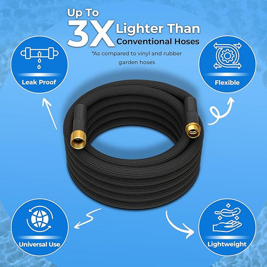 TITAN Garden Hose | Flexible, Lightweight, Kink-Free & Durable Hybrid Water Hose with Heavy Duty Brass Connectors & High-Pressure Jet Nozzle (25FT x 5/8”)