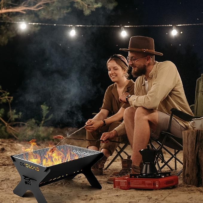 Odoland Camping Campfire Grill, Portable Folding Charcoal Grills, Backpacking BBQ Grill, Heavy Duty Firepit Grill with Carry Bag for Outdoor Cooking, Bonfire, Patio, Backyard