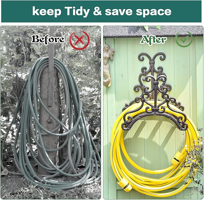 Sungmor Heavy Duty Cast Iron Garden Hose Holder - Wall Mounted Water Hose Hanger - European Vintage Pattern Decorative Hose Rack - Large Water Hose Bulter Storage - Indoor Outdoor Metal Hose Stand