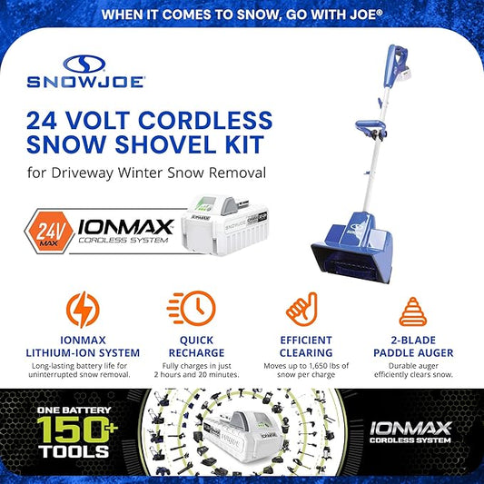 Snow Joe 24V Cordless Electric Shovel Kit w/ 4Ah Battery & Charger, 11″ Clearing Width, 400W Motor – Portable, Lightweight, Fast Ice & Snow Removal for Deck, Patio, Driveway, 24V-SS11