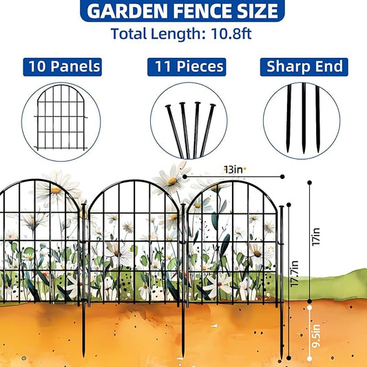 Decorative Garden Fence, 17in X 10.8ft No Dig Fence Panels, Arched Rustproof Metal Garden Fencing Animal Barrier, Flower Bed Edging Border with Ground Stake for Dog, Rabbit, Outdoor Yard Patio Decor