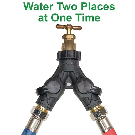 Dramm High Flow Twin Shut Off Valve with Full Water Flow, Two Way Connector, One Touch Thumb Control Turn Off Position, Corrosion Resistant Seals
