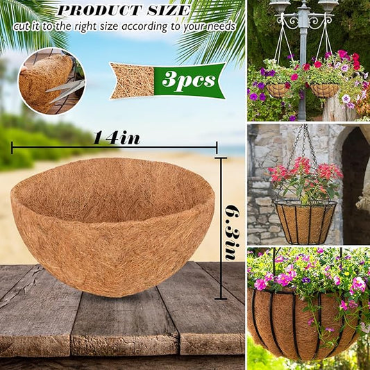 ZeeDix 3Pcs 14 Inch Coconut Liners for Planters, Round Hanging Basket Liners 100% Natural Coco Coir Basket Coco Replacement Liners for Hanging Basket Planters Flowers Vegetables(14in-3pcs)
