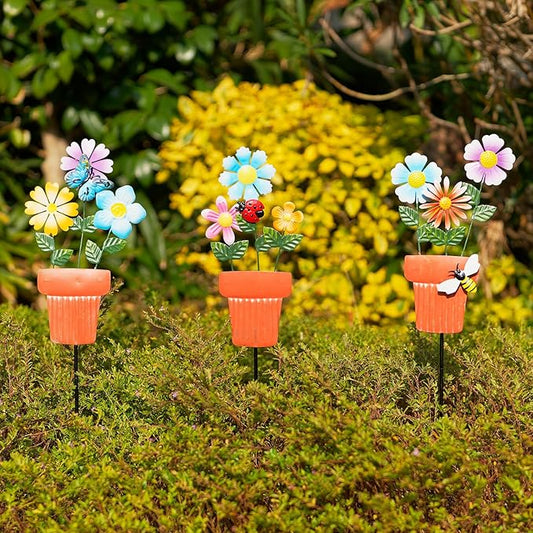 3 Pcs Metal Flower Garden Stakes, 24" H Flower Pot Shape Decorative Garden Stakes, Metal Yard Art for Outdoor Spring Lawn Patio Pathway Decor