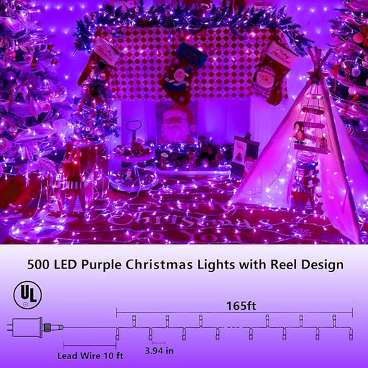 YEGUO 165ft 500 LED Christmas Lights Outdoor Waterproof, Purple String Lights Indoor Plug in, 8 Modes Clear Wire Purple Lights for Halloween Holiday Home Tree Garden Patio Decor