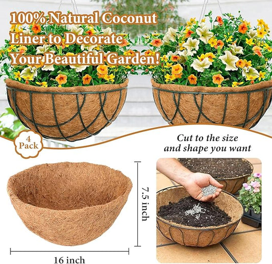 Legigo 4 Pack 16 Inch Hanging Basket Coco Liners Replacement, 100% Natural Round Coconut Coco Fiber Planter Basket Liners for Hanging Basket Flowers/Vegetables