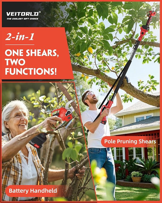 VEITORLD 2-IN-1 Cordless Electric Pole Pruning Shears, 15ft Reach, 1.2" Cutting Diameter, Battery Powered with 2x 2000mAh, Brushless Motor for Efficient Garden Tree Trimming, Branch Cutting(Red)