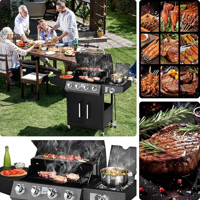 ROVSUN 4-Burner Propane Gas BBQ Grill with Side Burner & Enameled Cast Iron Grates, 58,000 BTU Barbecue Grill with Wheels for Outdoor Patio Backyard Cooking Grilling, Black