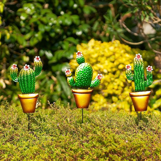 3 Pack Metal Garden Stakes, 24" H Cactus Garden Stakes for Spring Decor, Metal Yard Art for Outdoor & Outside Lawn Patio Pathway Decoration