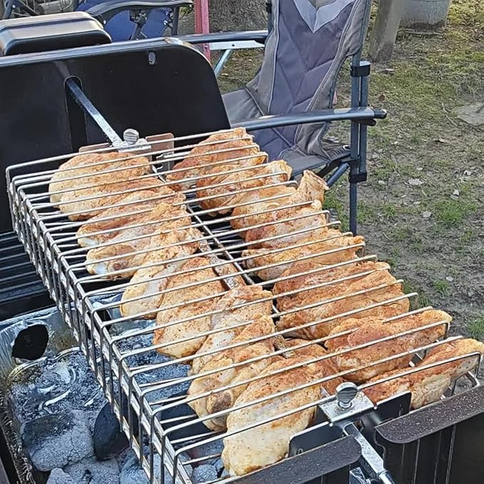 Stainless Steel Flat Rotisserie Grill Basket Standard Size, Fits 1/2" or 3/8" Hexagon, 3/8" or 5/16" Square Spit Rod, If 3/4" Square Spit Rod MUST Use Together With DEWOSEN Rotisserie Forks