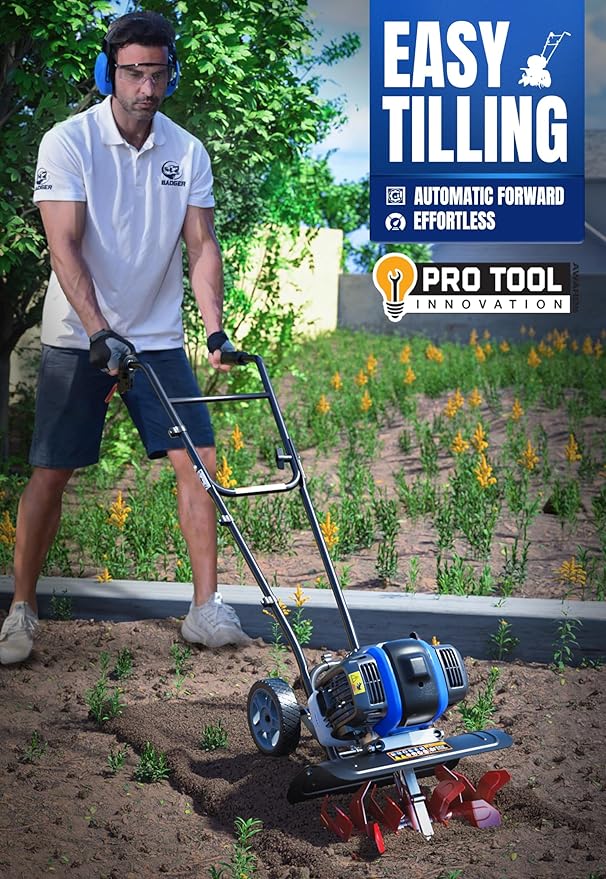 Wild Badger Power Garden Tiller 53cc Mini Cultivator 15 inch Powerful Liftable Booster Rod Tilling Tool for Lawn, Garden and Field Soil Cultivation