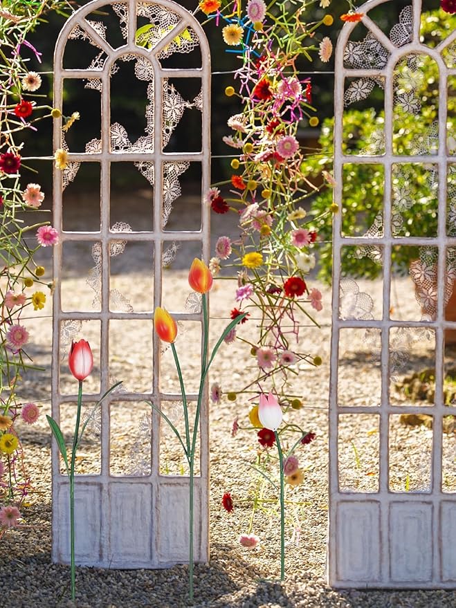 hogardeck Garden Decor for Outside, 3 Pcs 40"/32"/24" Metal Tulip Decorative Garden Stakes for Spring Decor, 3D Flowers Yard Art for Outdoor Lawn Patio Pathway Decorations