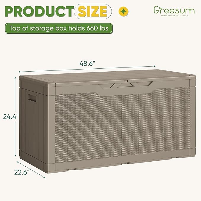 Greesum Outdoor Storage Box 100 Gallon Storage Bin with Lid for Patio Furniture, Garden Tools, Pool Supplies, Lockable, Waterproof and UV Resistant, Light Coffee
