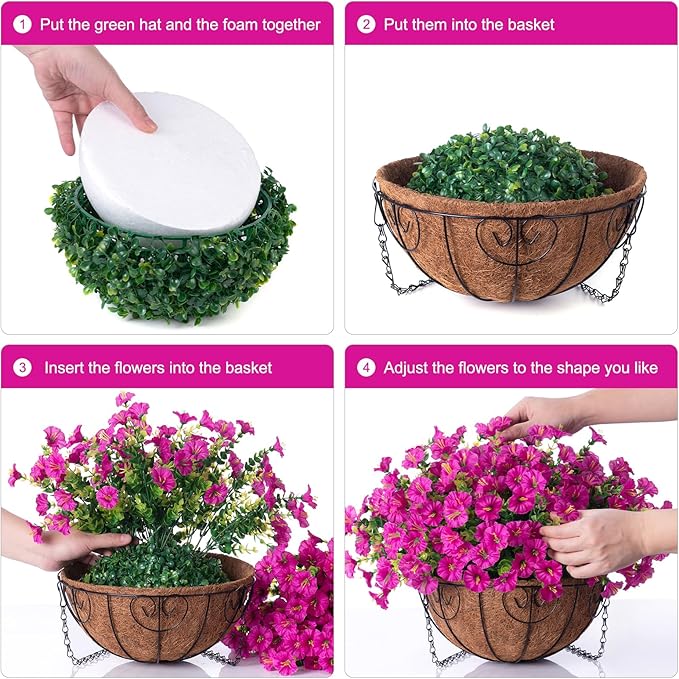Artificial Fake Hanging Flowers Plants Baskets for Outdoor Spring Summer Decoration, Faux Silk Morning Glory in Planter UV Resistant Realistic for Home Outside Porch Patio Balcony Garden Yard, Fuchsia