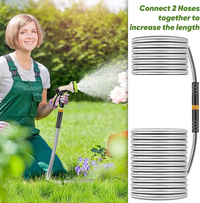 Garden Hose 100ft, Stainless Steel Heavy Duty Water Hose with 10 Function Nozzle Flexible, Lightweight, No-Kink, Pet Proof, Puncture Proof Metal Hose for Yard, Outdoor
