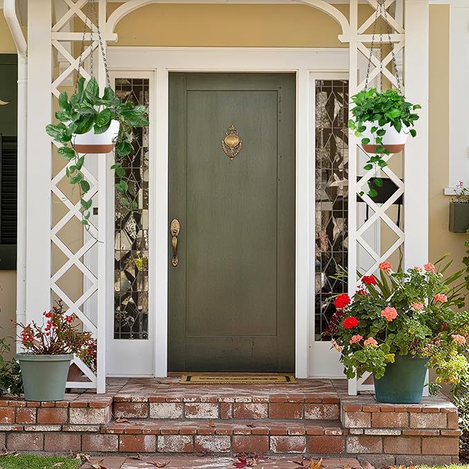 Set of 2 8 Inch Self Watering Hanging Planters for Indoor Outdoor Plants, Color Blocking Hanging Baskets Flower Pots with Drainage Hole & Removable Water-Storage Tray