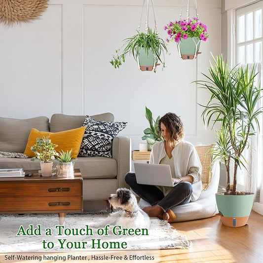 Hanging Planter for Indoor Plants 8 Inch, 2 Pack Self Watering Hanging Baskets for Plants, Hanging Flower Pots with Drainage Hole & 2 Kinds of Plant Hangers for Garden Home Decor (Green, 8 inch)